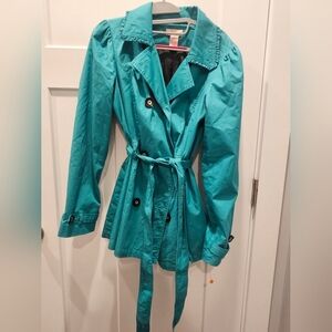 Candies Teal Double-Breasted Trench Coat Womens L Adjustable Belt & Bow Back